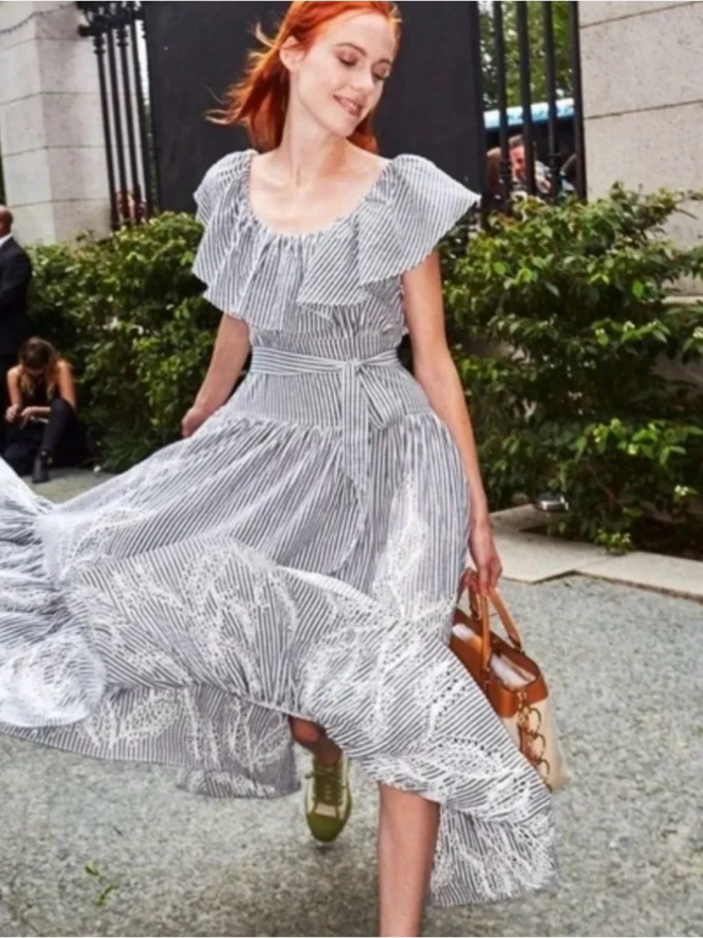 Tory Burch Striped Ruffle Midi Dress, embroidery on lower half, size 4